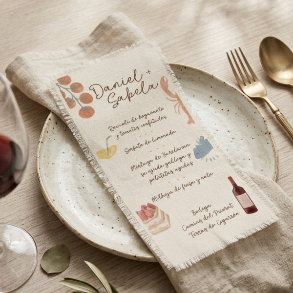 Menú de boda impreso en tela